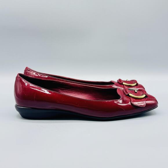 Cole Haan Shoes Womens 10 Red Patent Leather Air Buckle Wedge Ballet Flats Vtg - Picture 1 of 11